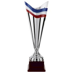 Trophée coupe prestige métal cône argent orné bleu blanc rouge